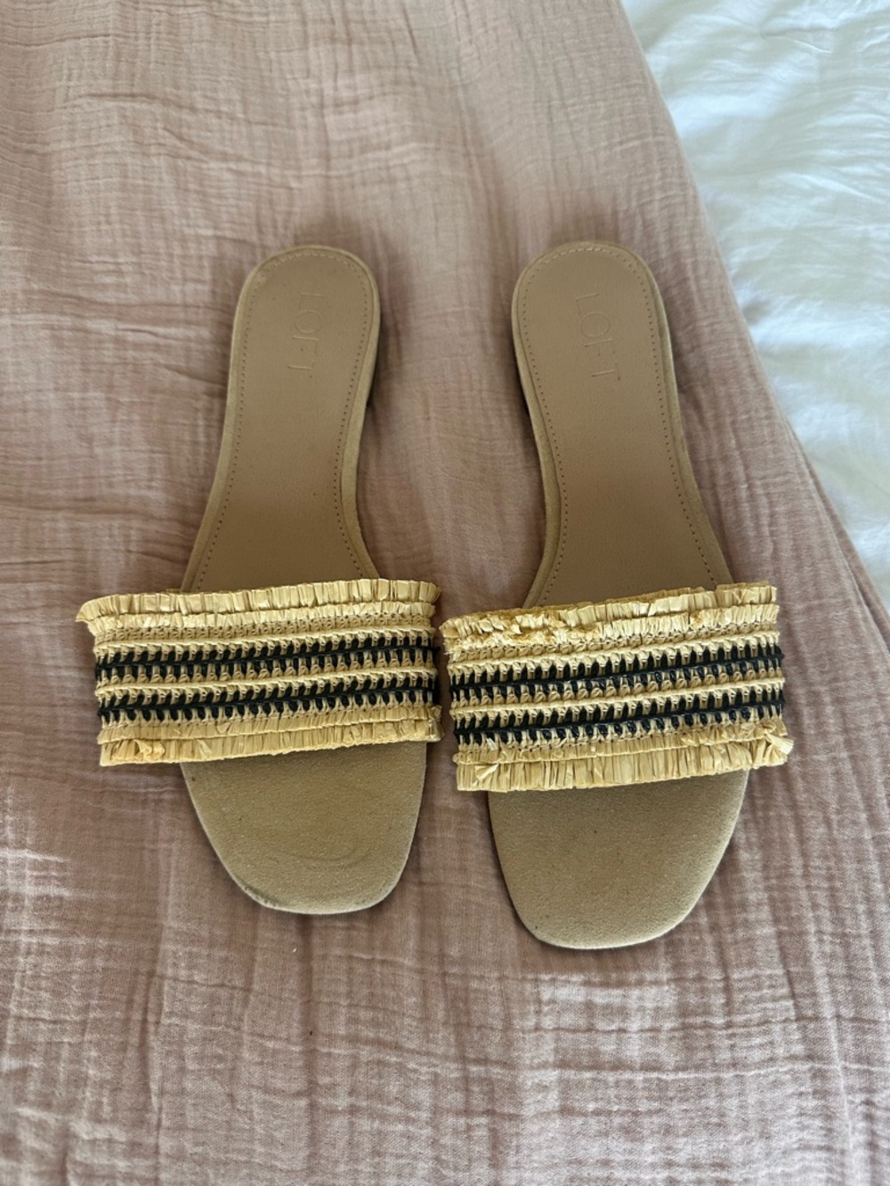 LOFT Tan Slide Sandals with Black Raffia Trim